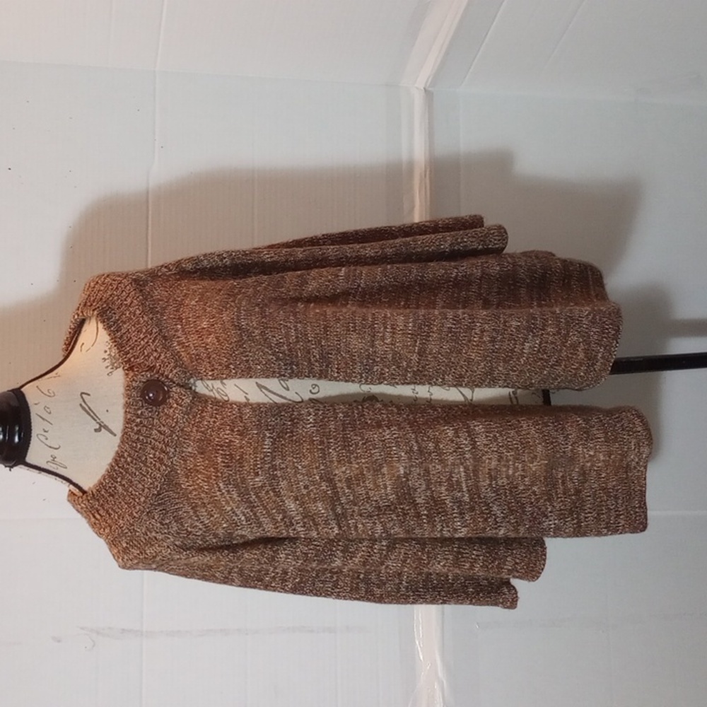 Dress Barn brown, tan & rust mingled colored vintage one button cardigan sweater